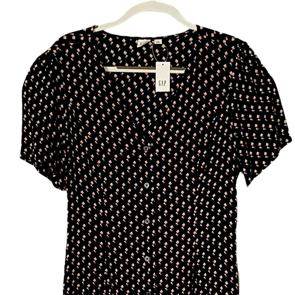 NWT Gap dress, ditsy print on black, button front, pockets size 12 - Picture 2 of 10
